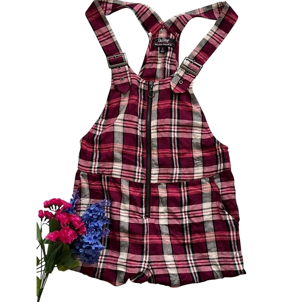 BeBop Juniors Plaid Overall Romper Shorts Sz S Magenta Black Adjustable Strap - Picture 2 of 8
